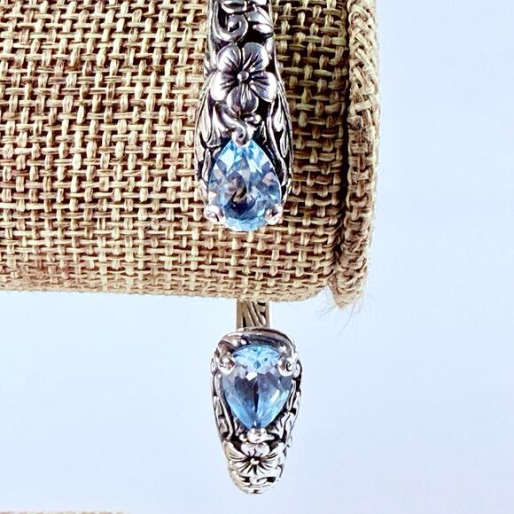 DESIGNER BLUE TOPAZ Floral Hinged Open Cuff Bracelet Sterling Silver Signed - Picture 2 of 11